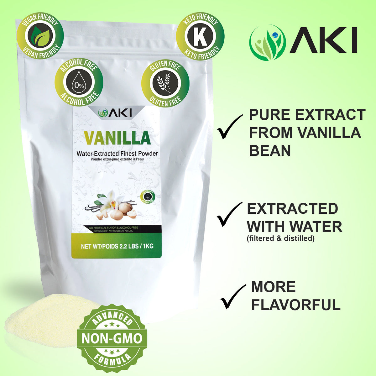 Premium Vanilla Powder Water Extracted, No Alcohol Aki Organic