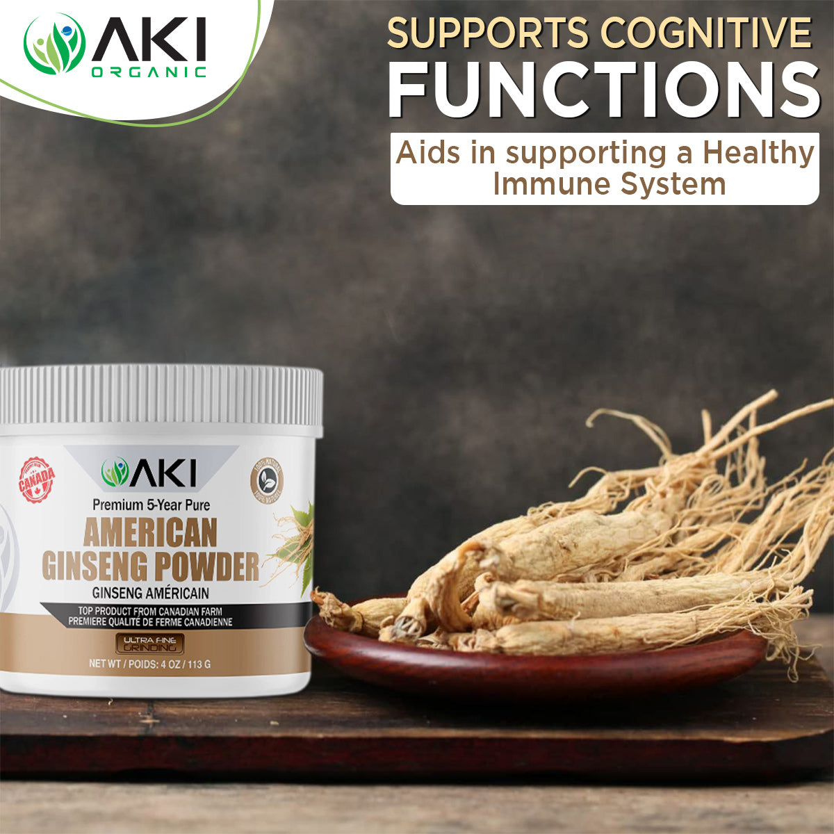 Aki Organic Pure American Ginseng Powder, with 4% Ginsenoisides